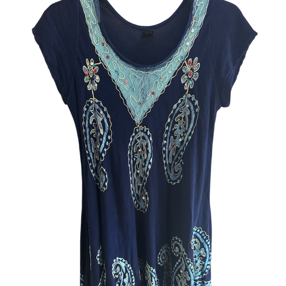 Vintage Riviera Sun Blue Embroidered Swing Dress/Beach Coverup‎ Size Small